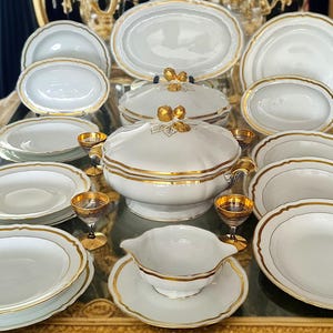 Reserved Limoges Raynaud Dinner Set – French Porcelain with Gold Trim & Tureens – Vintage Fine China Tableware, Wedding gift