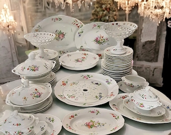 Antique French old Paris porcelain hand-painted botanical dinner set of 72 pieces, Wedding gift, Anniversary gift