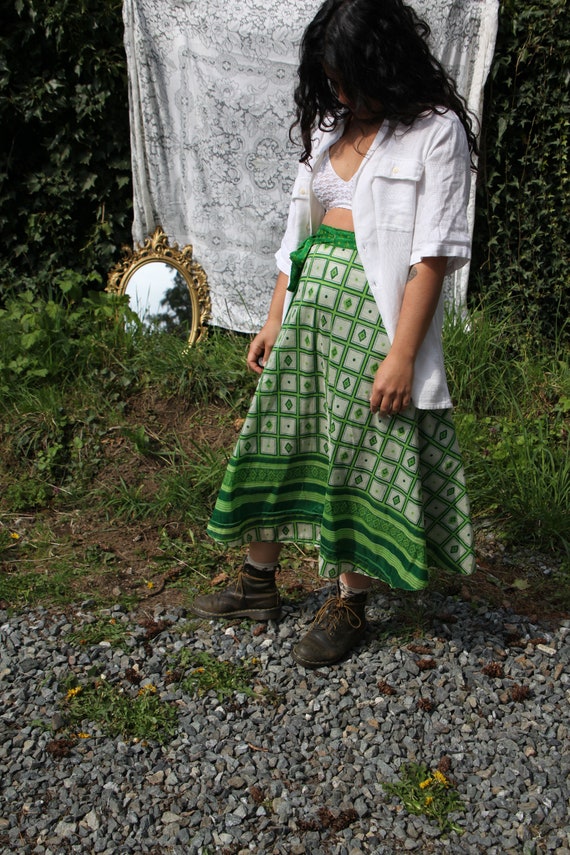 70s green silk indian wrap skirt//reversible retr… - image 7