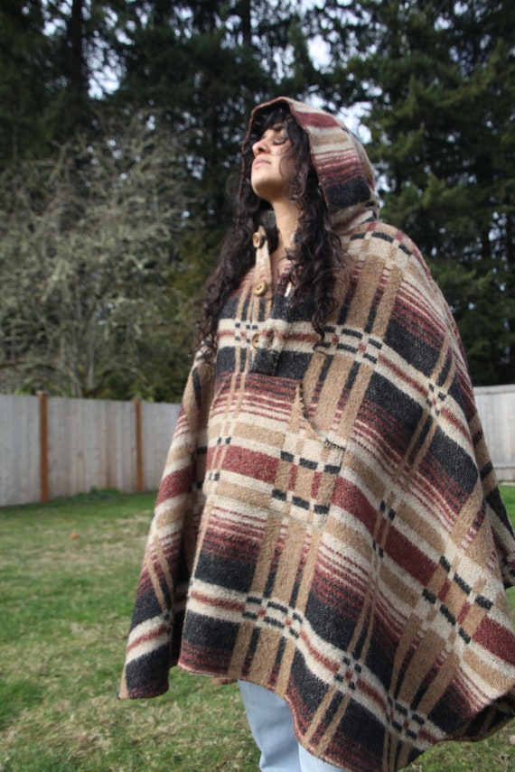 70s brown plaid wool poncho