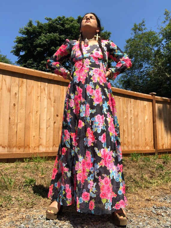 70s neon long sleeve rose maxi dress//floral full… - image 8