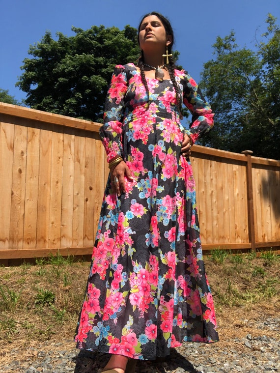 70s neon long sleeve rose maxi dress//floral full… - image 1