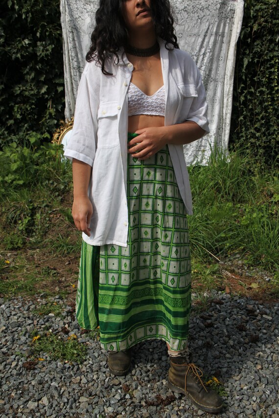 70s green silk indian wrap skirt//reversible retr… - image 8