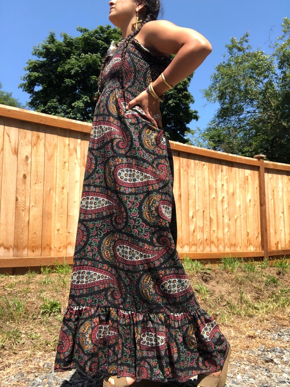 70s black paisley smocked summer maxi dress - image 7