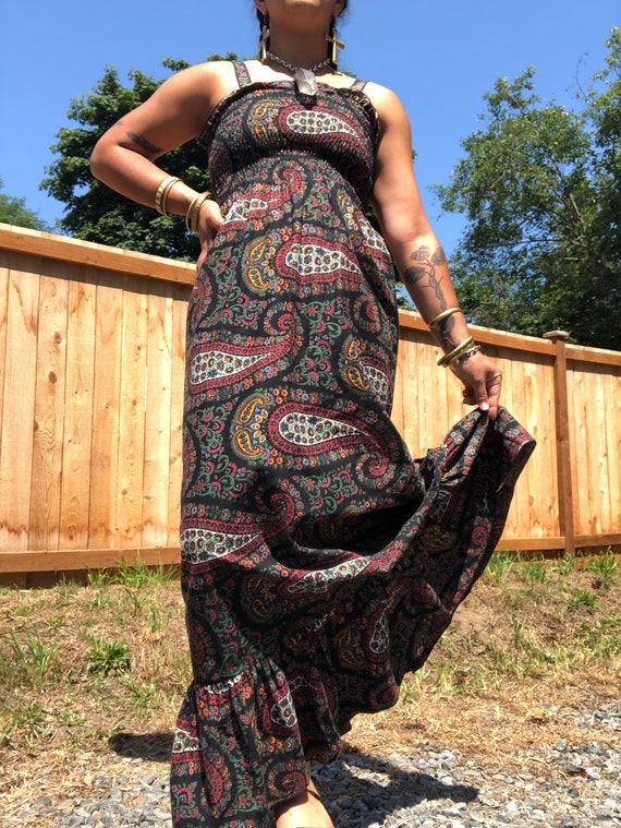 70s black paisley smocked summer maxi dress - image 3