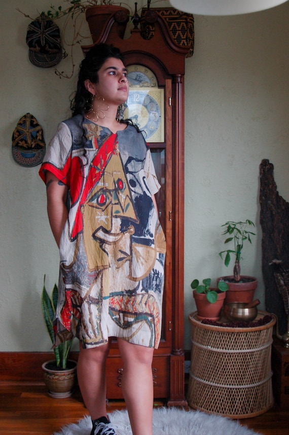 vintage/ picasso abstract trapeze dress/ large flo