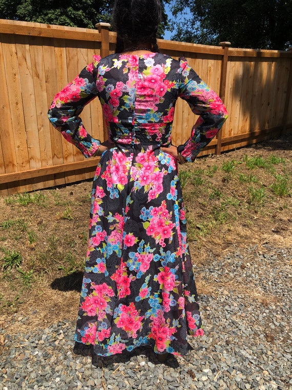 70s neon long sleeve rose maxi dress//floral full… - image 2
