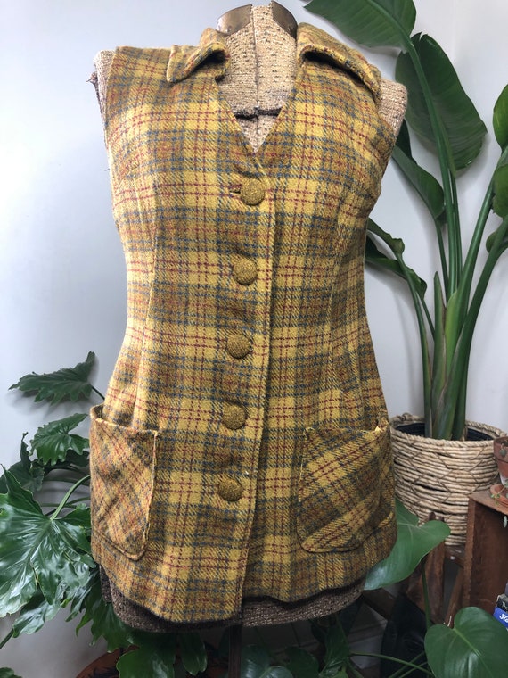 60s/70s mustard plaid vest - image 2