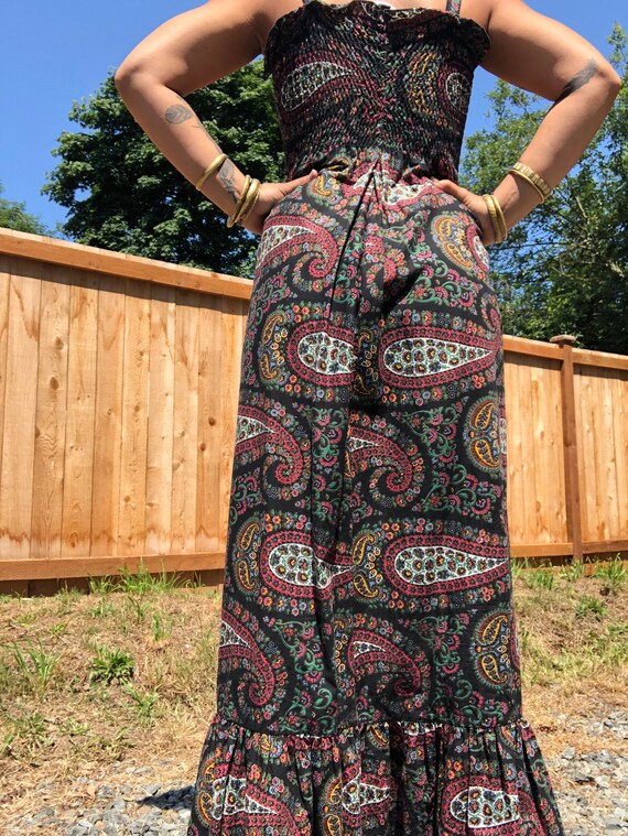 70s black paisley smocked summer maxi dress - image 5