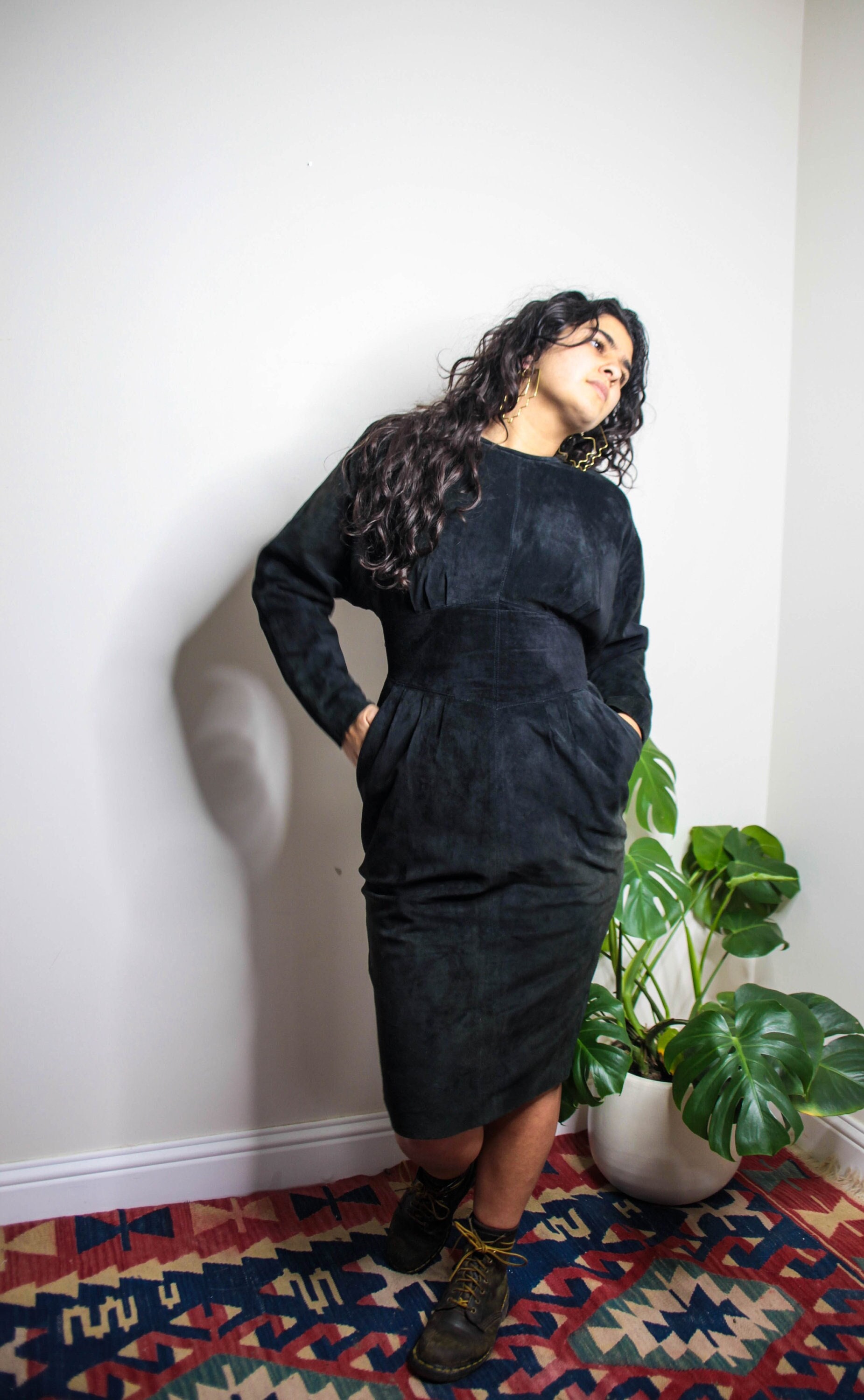 80s Pig Suede Black Dress// Long Sleeve 
