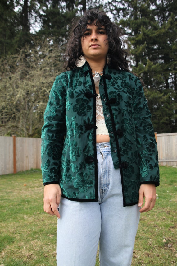 80's vintage green velvet floral jacket