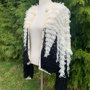 70s retro & mod black and white shag bell sleeve cardigan