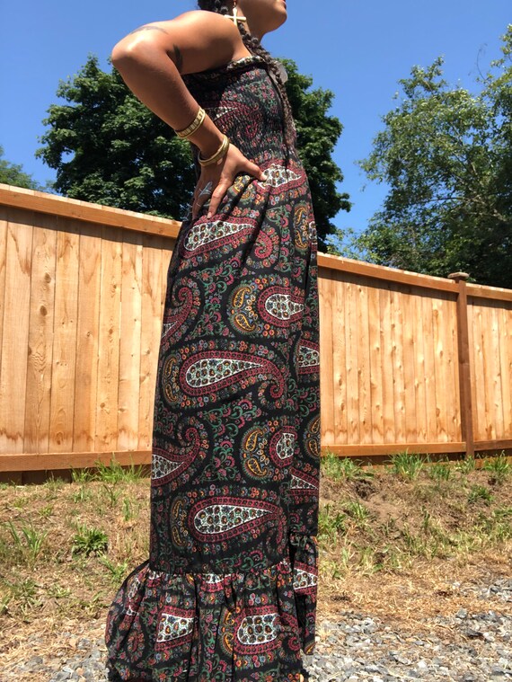 70s black paisley smocked summer maxi dress - image 2