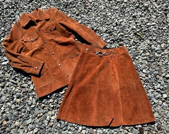 60s/70s suede vintage skirt set//brown leather two piece set