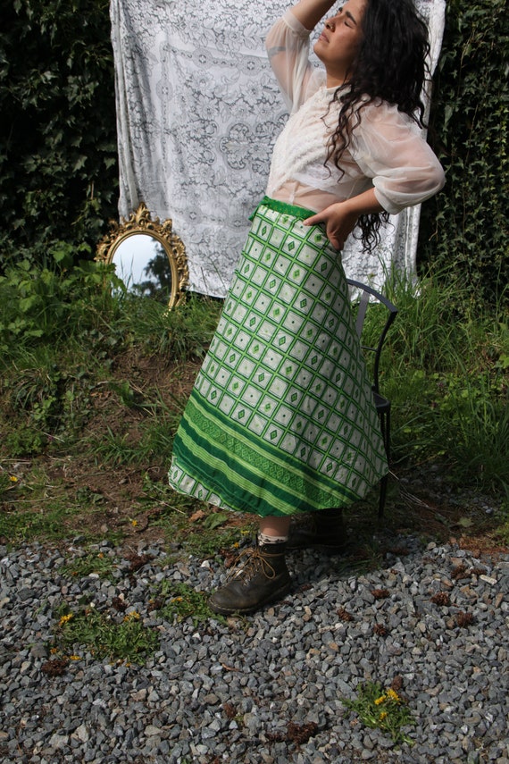 70s green silk indian wrap skirt//reversible retro