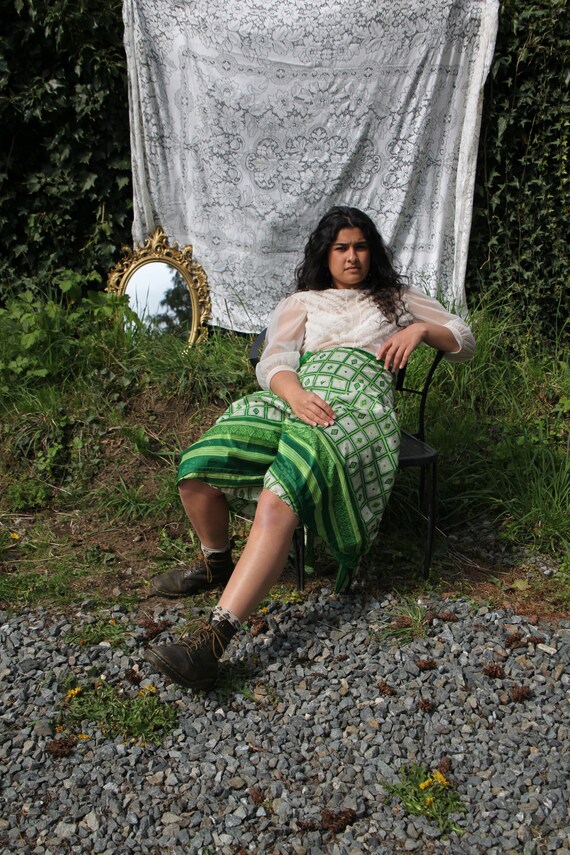 70s green silk indian wrap skirt//reversible retr… - image 4
