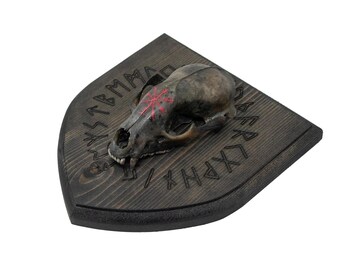 Blackened raccoon skull runic circle wall hanger