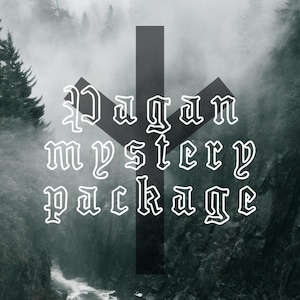 May include: A grayscale image featuring a scenic view of a river flowing through a forest, with the text "Pagan mystery package" in a white, gothic font. A black, stylized cross shape is behind the text.
