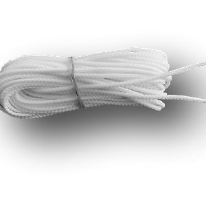 May include: A coiled bundle of white rope, secured with a thin metal tie. The rope has a textured, braided appearance, with two loose ends extending from the coil. The image is set against a white background, with a subtle shadow.