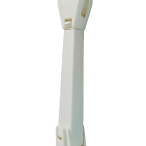 May include: A white plastic curtain rod bracket, featuring a rectangular post with a pivoting top and a base with mounting holes. The bracket is designed to hold a curtain rod and is made of durable plastic.