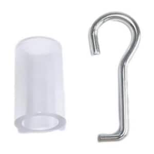 May include: A clear plastic tube with a metal hook. The hook is silver and has a curved shape.