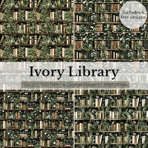 Floral Bookshelf Seamless Pattern: Book Lover Digital Paper (JPG Files, Digital Download)