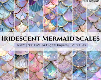 May include: A digital collection of 14 iridescent mermaid scale patterns in 12x12 inch JPEG files at 300 DPI. The image displays various pastel-colored scale designs with gold outlines, featuring the text Iridescent Mermaid Scales.