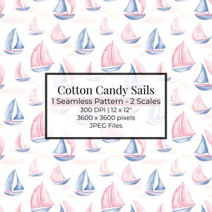 Puede incluir: Un patrón sin costuras con ilustraciones de acuarela de veleros rosas y azules sobre un fondo blanco. El patrón se titula "Cotton Candy Sails" e incluye información sobre el tamaño y la resolución del archivo digital.
