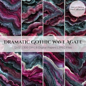 Puede incluir: Ocho papeles digitales con un diseño dramático de ágata de onda gótica. Los papeles presentan patrones arremolinados en tonos magenta, verde azulado y gris. La imagen incluye el texto "DRAMATIC GOTHIC WAVE AGATE" y "12x12" | 300 DPI | 8 Digital Papers | JPEG Files."