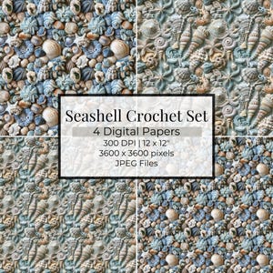 Patrón de crochet bajo el mar: 4 papeles digitales / Patrón sin costuras de conchas marinas / Patrón de crochet de conchas marinas / Descarga digital de conchas marinas