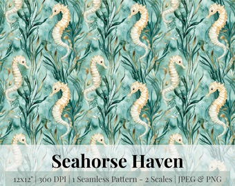 Seahorse naadloze patroon digitaal papierpakket, aquarel zeedieren, zomer oceaan achtergronden, Instant Download