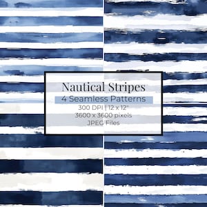 Watercolour Nautical Stripes: Digital Backgrounds 4 Designs 12X12In | Instant Download | Seamless Patterns | Seamless Paper