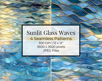 Ocean Wave Stained Glass Pattern: Scenic Landscape Digital Paper (Digital Download)