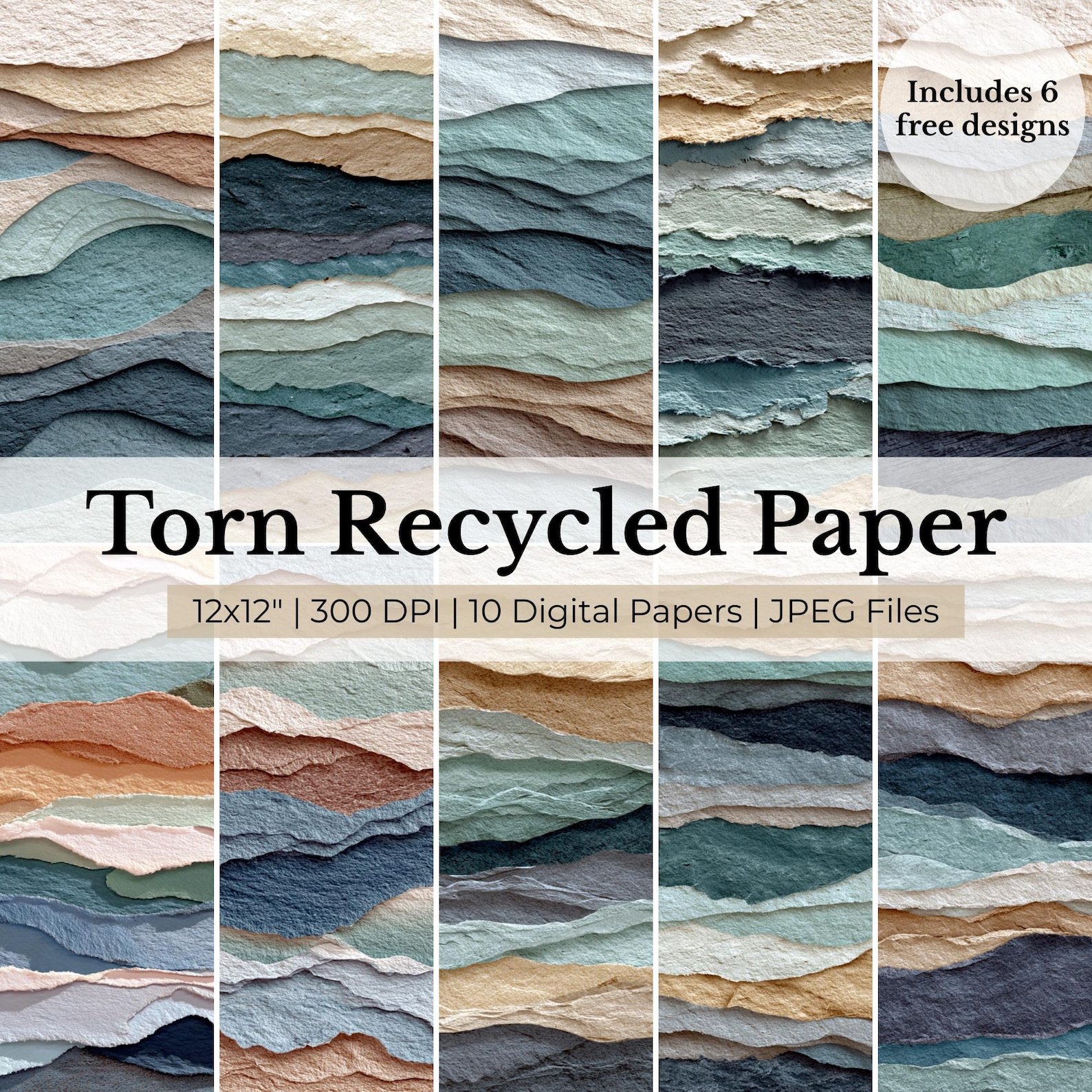 Ocean Waves Torn Paper Texture – Seamless Digital Paper (12x12, 10 JPG ...