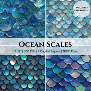Puede incluir: Cuatro papeles digitales con un diseño de escamas de sirena en tonos azules y turquesas. La imagen incluye el texto "OCEAN SCALES" y detalles sobre los papeles digitales, incluyendo el tamaño, la resolución y el tipo de archivo.