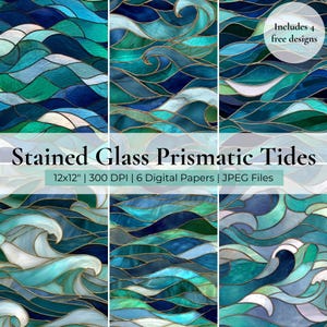Ocean Wave Stained Glass Pattern, DIY Coastal Decor, Beach House Art, Ocean Lovers Design