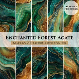 May include: Digital paper set titled "Enchanted Forest Agate" featuring abstract designs in shades of teal, emerald green, and gold. The text indicates the papers are 12x12 inches, 300 DPI, and include 5 JPEG files. The image also includes 4 free designs.