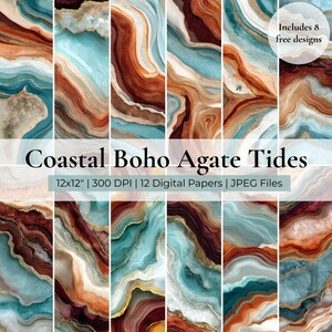 May include: A collection of digital papers with a coastal boho agate design. The papers feature swirling patterns in shades of teal, brown, and gold. The text reads "Coastal Boho Agate Tides" and "12x12" | 300 DPI | 12 Digital Papers | JPEG Files."