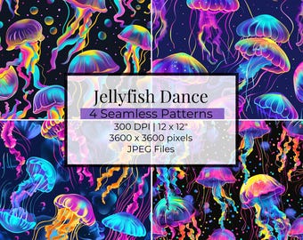 Neon Jellyfish Seamless Pattern: Ocean Digital Paper (12x12 inches, JPEG Digital Download)