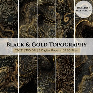 Black and Gold Topography Digital Paper | Seamless Map Pattern Minimalist Background Design Pack