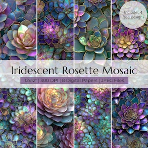 May include: A digital art collection featuring eight iridescent rosette mosaic designs. The artwork showcases a variety of jewel-toned succulents in shades of purple, teal, and gold. The text reads "Iridescent Rosette Mosaic" and "12x12" | 300 DPI | 8 Digital Papers | JPEG Files."