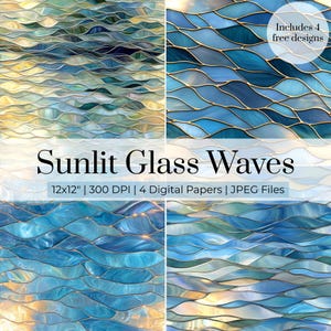 Patrón de vitral de olas oceánicas: Papel digital con paisaje escénico (descarga digital)