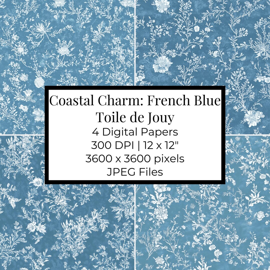 French Blue Floral Toile De Jouy Digital Paper: 4 Seamless Patterns for ...