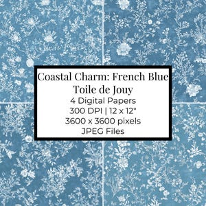 French Blue Toile de Jouy Digital Paper: Seamless Floral Patterns (Instant Download)