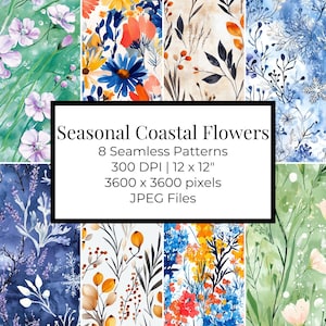 Patrón floral brillante sin costuras: 8 patrones sin costuras de colores brillantes / Descarga digital de flores coloridas / Perfecto para álbumes de recortes y manualidades