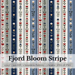May include: A seamless pattern titled "Fjord Bloom Stripe" featuring vertical stripes in shades of blue, gray, and white. The stripes are adorned with floral motifs in red, blue, and yellow. The pattern is 12x12 inches.