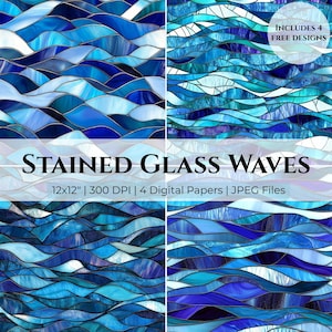 Patrón de vitral con olas del océano: JPEG digital de 30,5 x 30,5 cm (uso comercial)