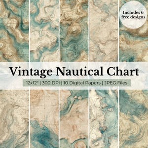 May include: A collection of digital papers featuring vintage nautical charts. The designs showcase a topographic map style with shades of teal, beige, and brown. The text reads "Vintage Nautical Chart" and includes the dimensions and file details.