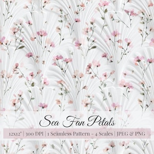 May include: A seamless pattern with pink floral elements and green stems on a white, textured backdrop. The design includes the text "Sea Fan Petals" and details about the pattern's size and resolution.