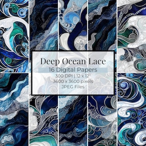 Deep Ocean Lace Textures | Digital Scrapbook Paper | 16 Seamless Backgrounds for Crafts & Creative Projects | Instant Download